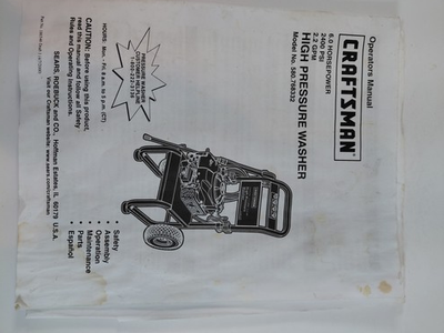 #ad Craftsman High Pressure Washer Operators Manual Model 580.768332 6.0 HP 2400 PSI $10.95