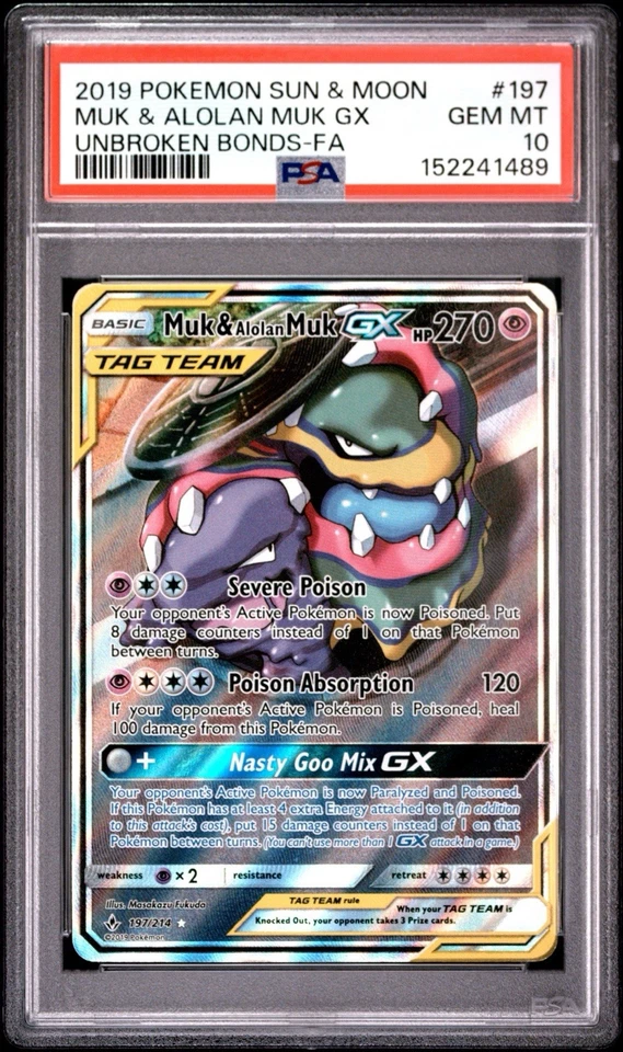 Pokemon SM Unbroken Bonds Muk & Alolan Muk GX Full Art TAG TEAM Holo PSA 10 - Image 1 of 2