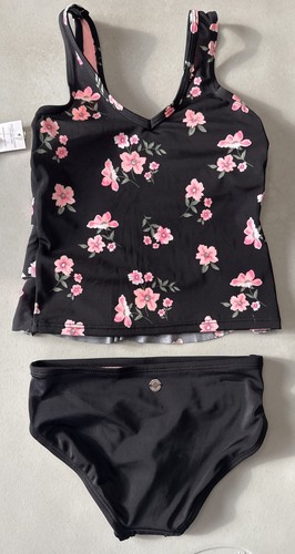 Justice Size 6 Black/Pink Floral Ruffle Tankini Set Swim *Pls Read* - Picture 4 of 5