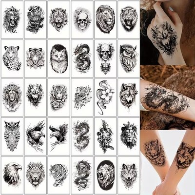 30 Temporary Tattoo Stickers Suitable for Men and Women, Black Skull