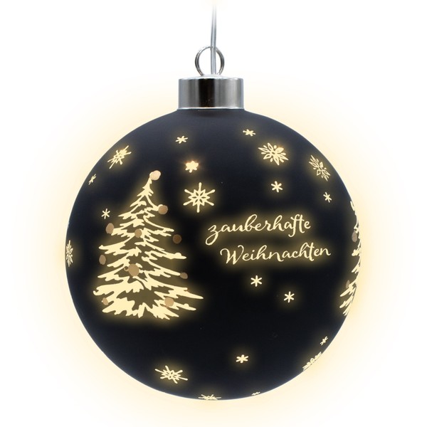 Led Weihnachts Glas Kugel Schwarz - 12 Cm - Baum Deko Warm Weiß Batterie Timer-image