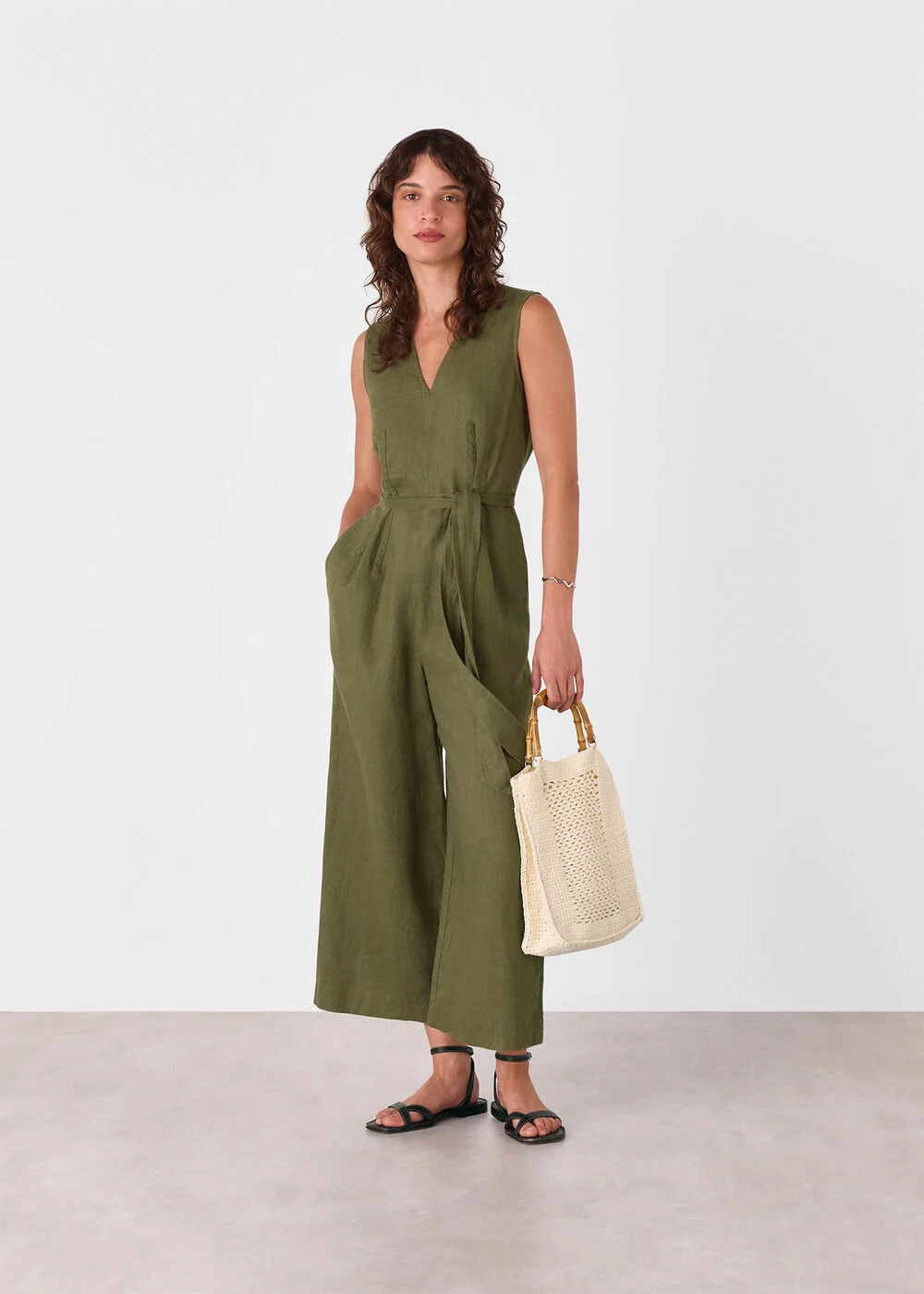 WOMEN'S WHISTLES PETITIE BELTED SEAMED LINEN JUMPSUIT KHAKI  BNWT RRP £149