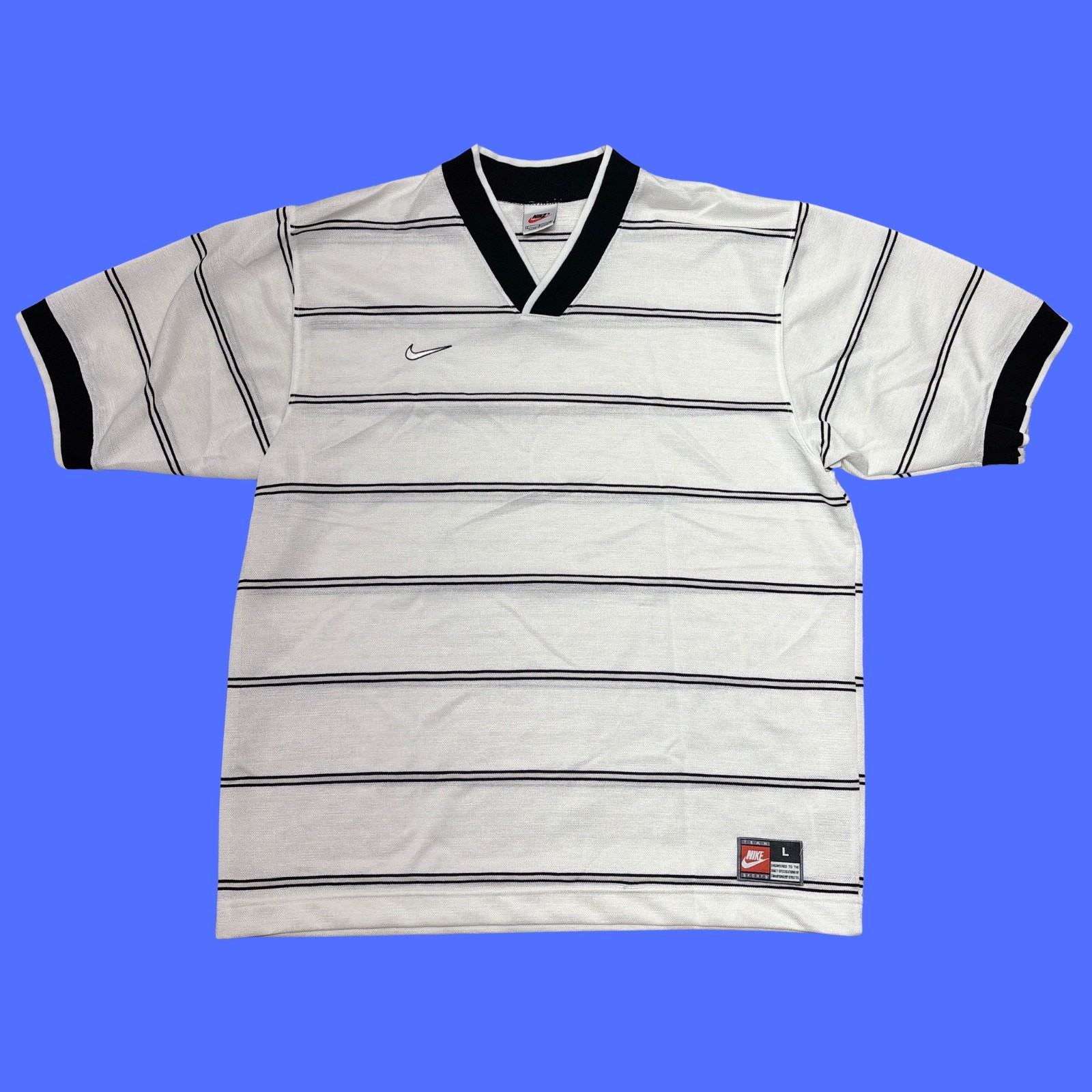 Vintage 90s Nike Soccer Shirt Large White/Black Stripe Made in USA Jersey