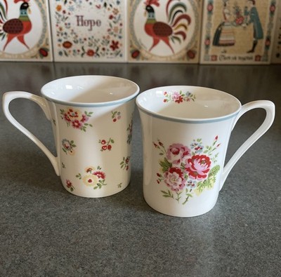 Pair Dainty CATH KIDSTON Floral QUEEN s KITCHEN Bone China Tea CUPS Mug Chintz