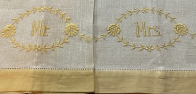 Vintage  Mr & Mrs  Embroidered Tea Towel Set Matching Pair  Yellow Floral Wreath