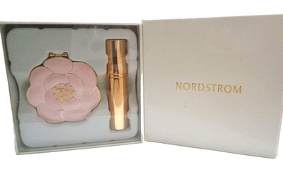 Nordstrom Gold Refillable Perfume Atomizer & Floral Compact Mirror Set NIB