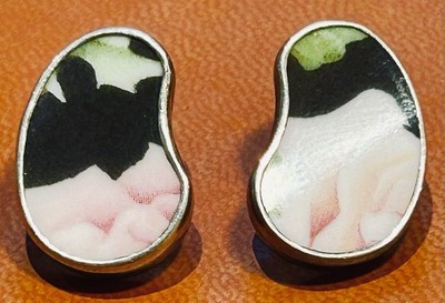 Vintage Sterling Silver Broken China Inlay Earrings Kidney Bean Shaped Signed