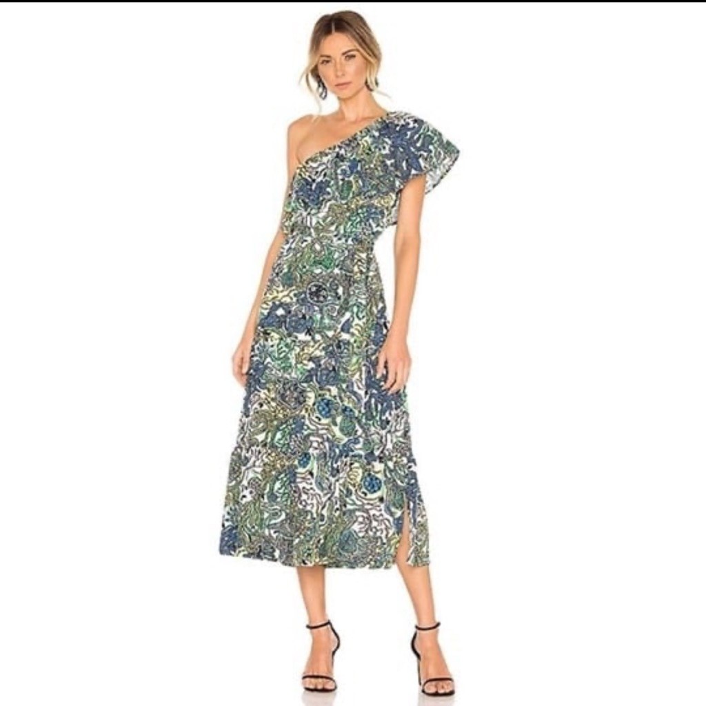Women's A.L.C. One Shoulder Dress S White Blue Green Paisley Print | eBay