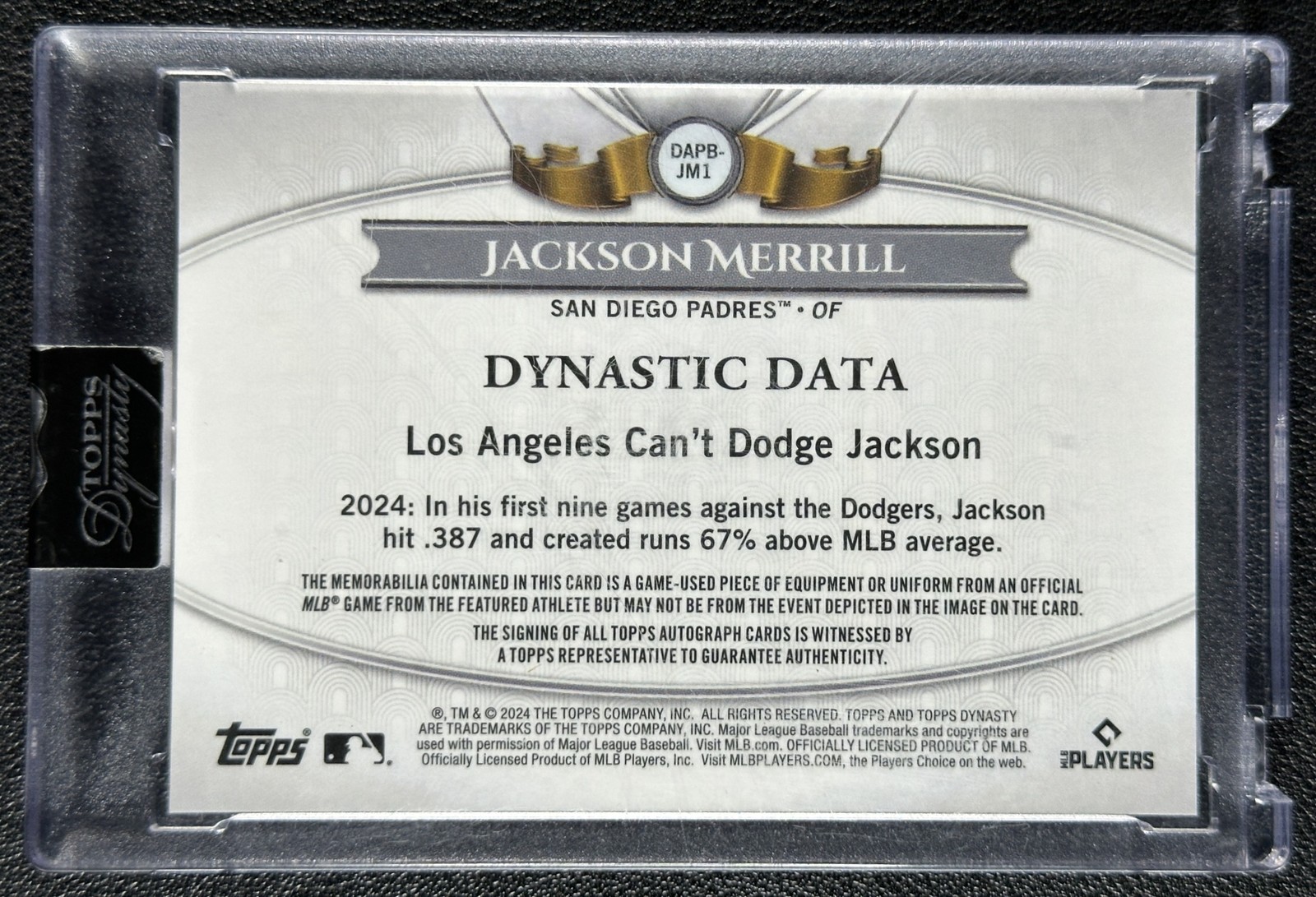 JACKSON MERRILL 2024 TOPPS DYNASTY VERTICAL GAME-USED PATCH AUTO SILVER RC 2/5 view 2