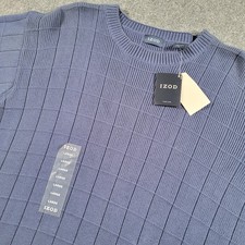 IZOD Sweater Mens Large Blue Grid Knit Crewneck Pullover New Cotton Classic NWT