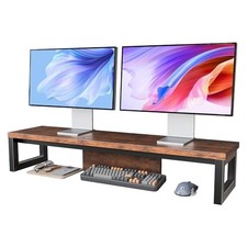 Dual Monitor Stand Riser, Wood and Steel Monitor Riser, Long Computer Brown
