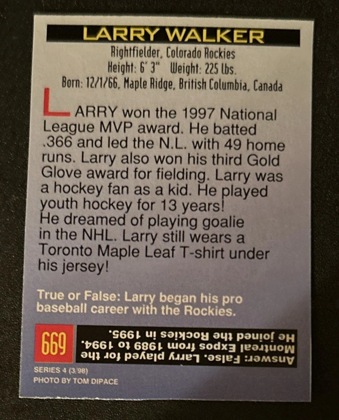 1998 Sports Illustrated For Kids SIFK Larry Walker Baseball Card 669 Rockies HOF - Image 2 of 2