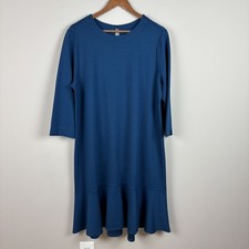 J Jill Ponte Dress Womens XL Blue Black Polka Dots Ruffle 3/4 Sleeve Stretch New