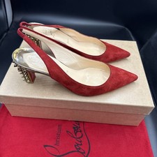 Christian Louboutin Lemer Sling 70 Red Suede Mid Gold Block Heels Uk 4 Eu 37