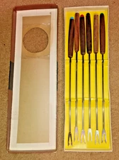 6 Piece Vintage 1970s Fondue Forks Stainless Steel Wood Handles Made In Japan