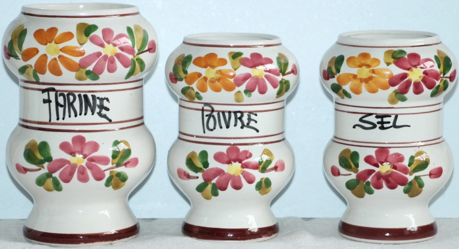 3 Vintage French 'Farine, Poivre & Sel'-Labelled Floral Ceramic Canisters