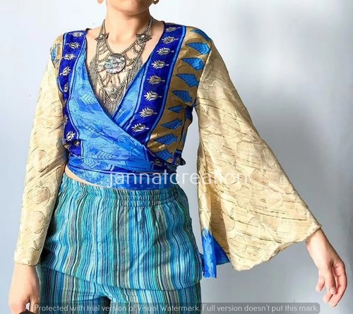 Wholesale Lot of Silk Bohemian Hippie Long Bell Sleeve Wrap Top With Front Tie - Picture 3 of 9