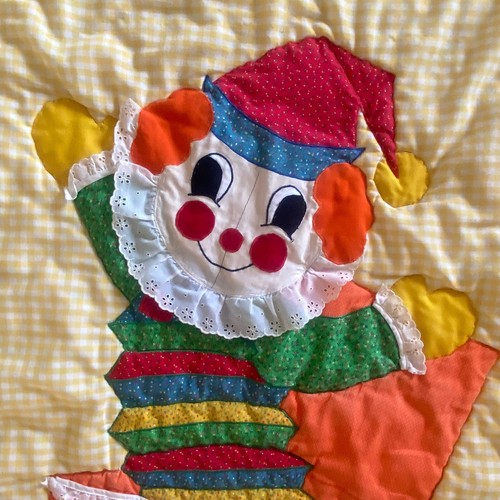 Vintage Clown Quilt Baby Blanket Jack in the Box Patchwork Yellow Check Retro - Picture 22 of 23