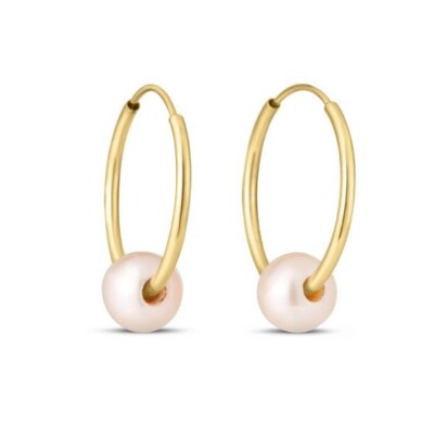 14k Yellow Gold Round Endless Hoop Earrings 1.0mm x 15mm with 6mm Pearl