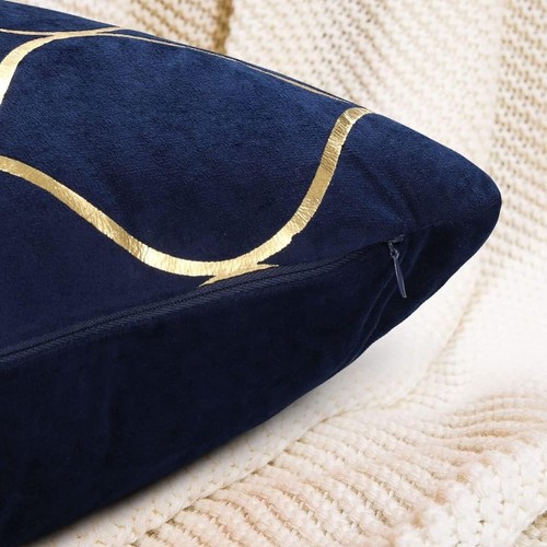 Navy Blue Cushions with Gold Pillow Cover Dark Blue, Velvet Square /Set of 2 - Picture 6 of 7