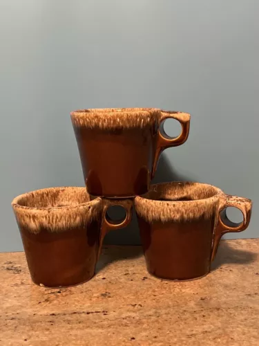 Set Of 3 Vintage Hull Brown Drip Glaze Coffee Mugs Oven Proof Made in USA - READ