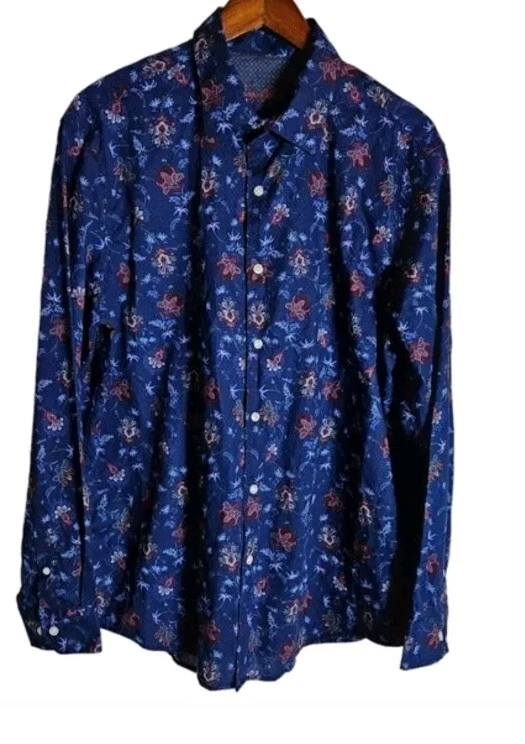 Camisa de vestir TASSO ELBA para hombre grande azul floral puño abatible textura tejido manga larga Foto 4 de 4