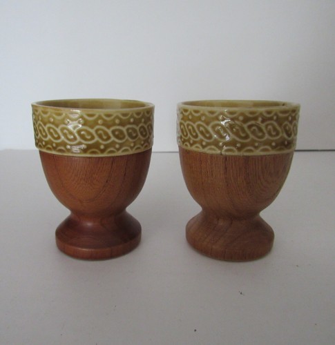 Pair of Wood & Ceramic MCM Egg Cups Made in Japan Vintage - Picture 2 of 5