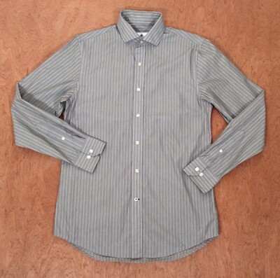 ryan seacrest slim fit dress shirt Ryan Seacrest SHIRT MENS SMALL Slim Fit NON IRON GRAY White STRIPE Button Up