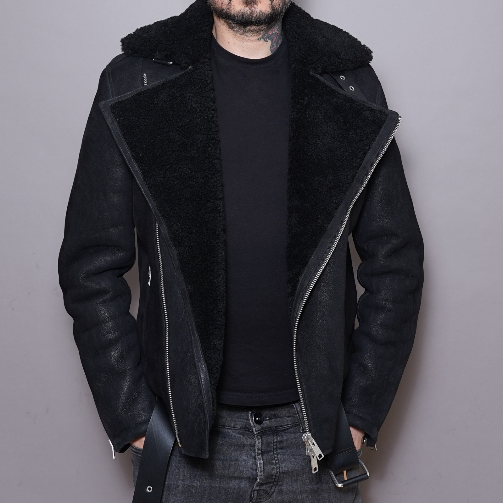 ALL SAINTS Shearling Leather Jacket XS Mens Sheepskin Black Biker Grail BYWARD