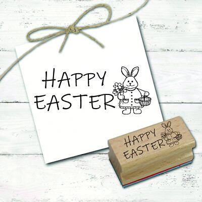 Motivstempel Happy Easter Osterhase mit Korb Blume Stempel Ostern 68x28mm