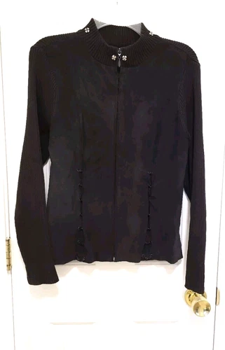 Escapade 100% Suede Leather Sweater Jacket Large Brown Lace Up Full Zip STRETCH