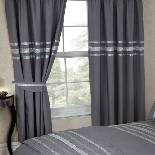GLITZ 66" x 72" CURTAINS 200 THREAD COUNT COTTON LUXURIOUS RIBBON TRIM DETAILING - Picture 5 of 7