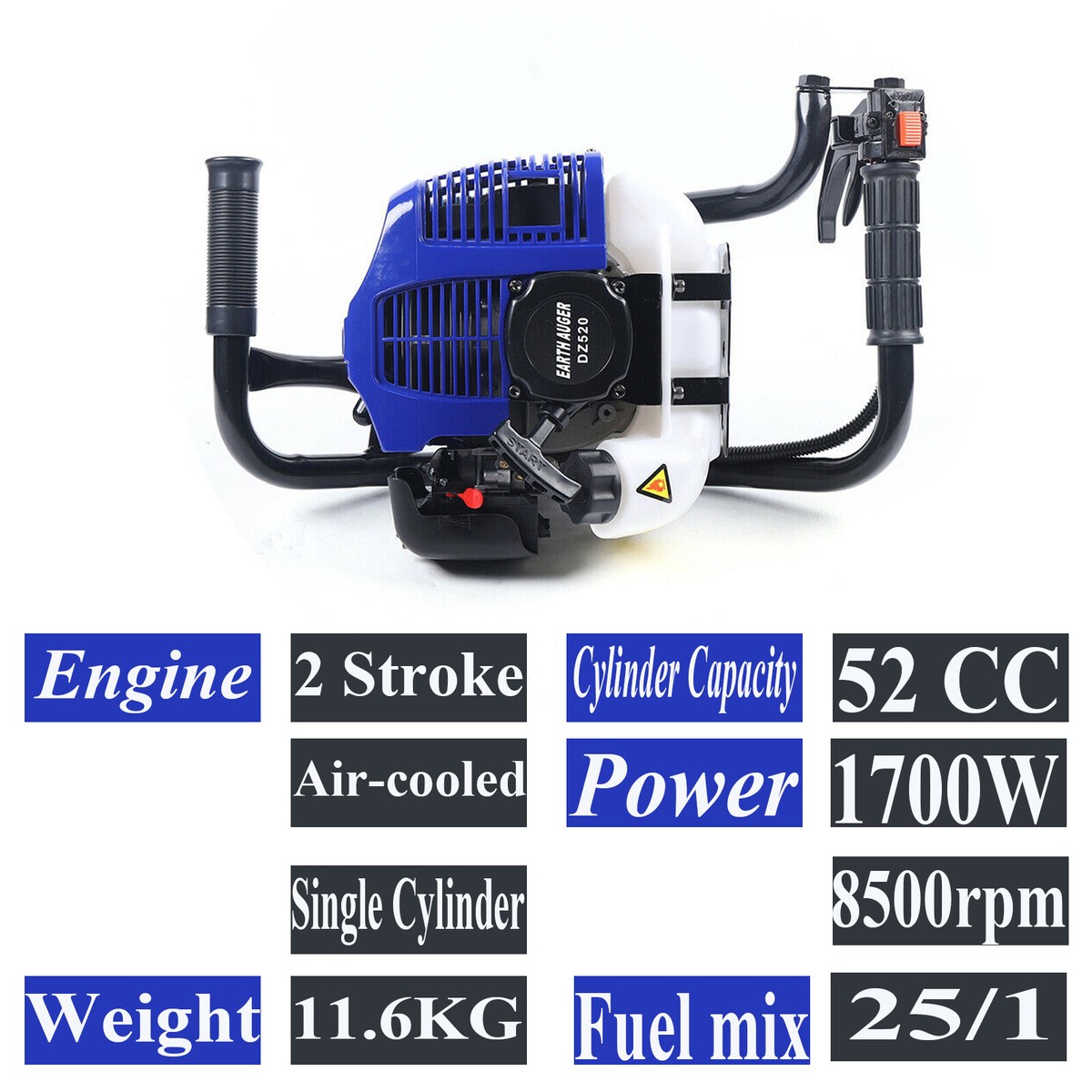 Earth Auger Drill 52CC Gas Powered Post Hole Digger Earth Auger - 2 ...