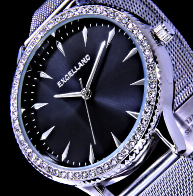 Excellanc Uhr Damenuhr Anthrazit SIlber Farben Mesh Milanaise Armband  Strass M2