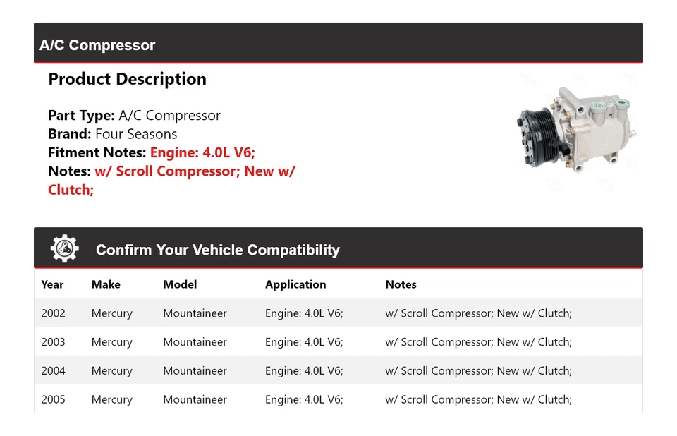 Compresor de aire acondicionado para Mercury Mountaineer 2002-2005 4,0 L V6 4 estaciones 2003 2004 Foto 2 de 4