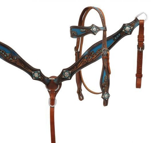 Western Saddle Horse Bling! Turquoise Leather Tack Set Bridle + Breast Collar - Bild 1 von 4