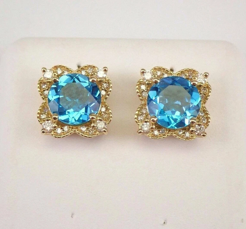 2.50Ct Round Cut Blue Topaz Halo Push Back Stud Earrings 14k Yellow Gold Plated - Image 3 of 4