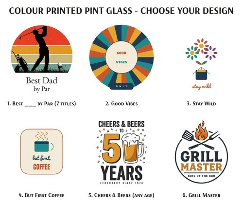 Personalised Colour Printed Pint Glass 6 Designs Birthday Milestone Beer Gift