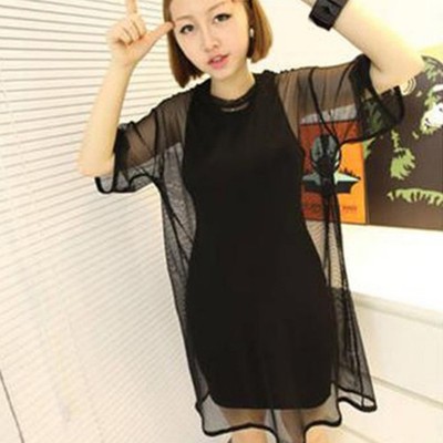 Oversize Black Mesh Smock For Women Casual Loose Fit Round Neck Blouse