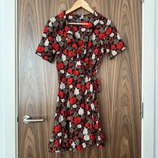 Topshop Black Red Floral Ruffle Short Sleeve Wrap Tie Waist Mini Dress UK 12