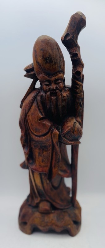 Vintage Chinese God of Longevity Shou Lao Shouxing Large Wood Carved Figure