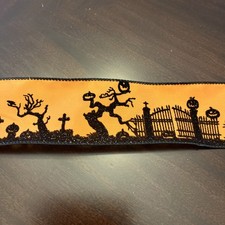 Flocked Halloween Scene Satin Wired Edge Black Orange Ribbon 2.5" x 5 yds New