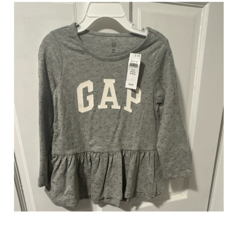 Gap Girls Gray Pink Polka Dot Glitter Long Sleeve Crew Neck T-Shirt 4 Yrs