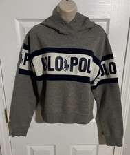 Polo Ralph Lauren Gray / Blue Spellout Cropped Sweatshirt Hoodie Women s Size M
