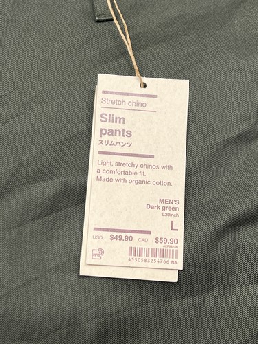 Muji Men’s Large 38x30 Dark Green Stretch Organic Cotton Chino Slim Pants - Picture 2 of 5
