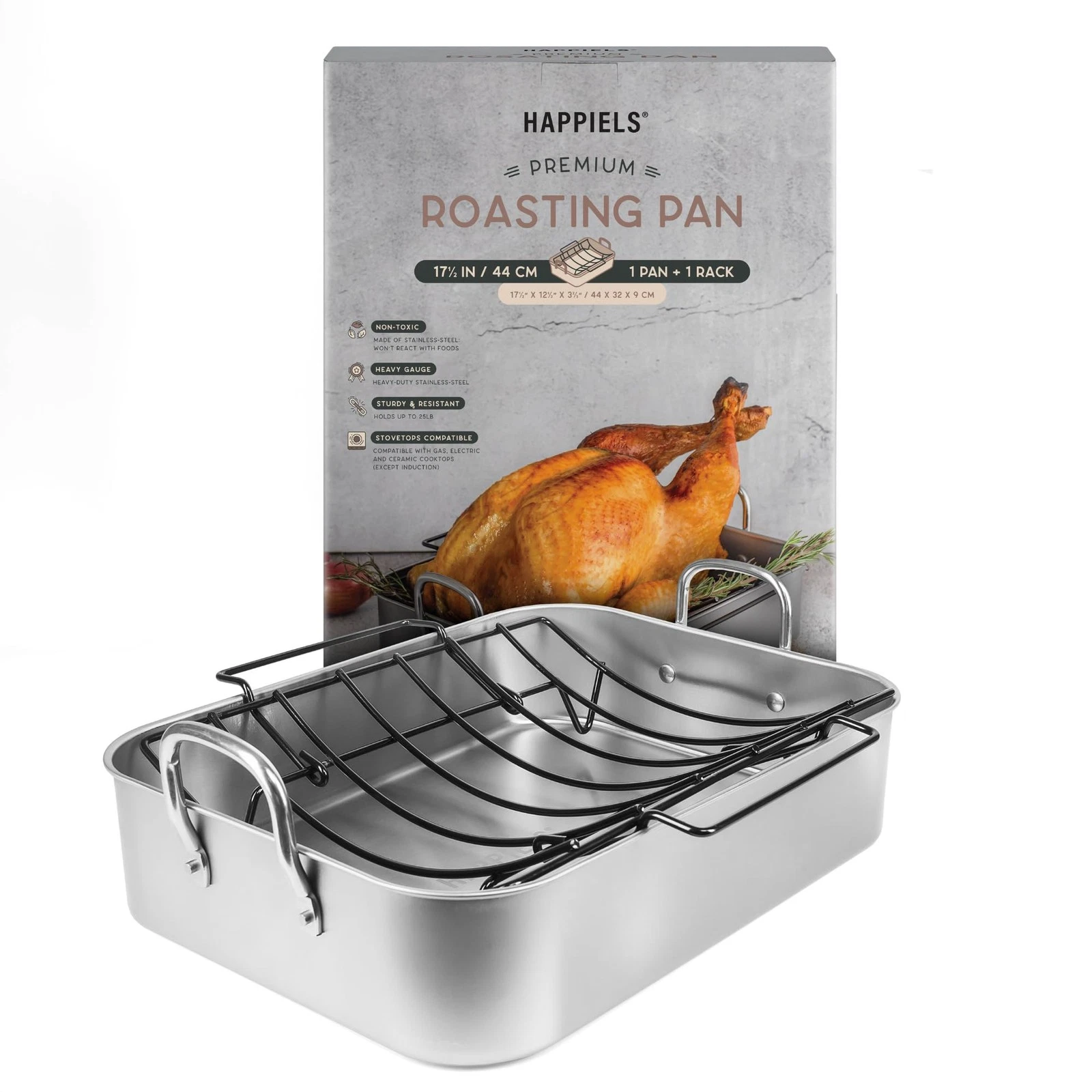 HAPPIELS 17X12.5 INCH ROASTING PAN WITH NONSTICK RACK TURKEY PANS - SILVER