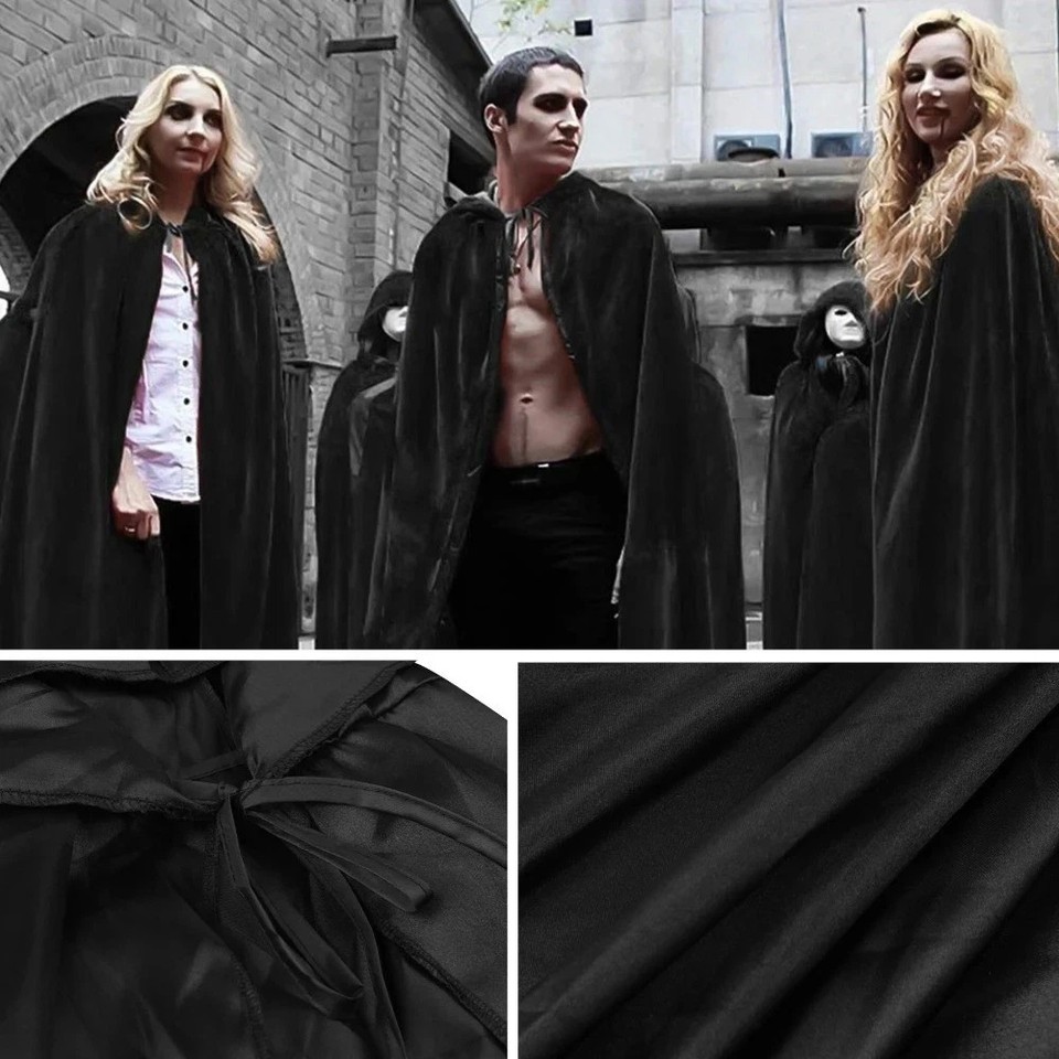 Halloween Cloak Soft Unisex Hooded Black Robe Witch Long Cape Cosplay ...
