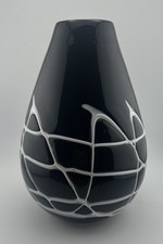 Vtg Black Amethyst Art Glass Vase Abstract Applied Thread Handblown