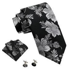 Floral Ties for Men Handkerchief Cufflinks Set, Groomsmen Tie Polyester Black