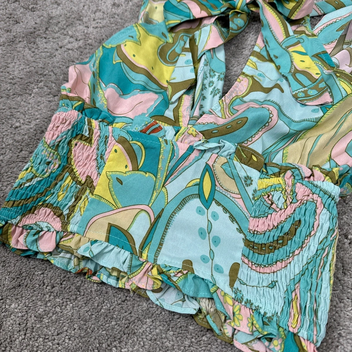 Milk & Honey Paisley Halter Tank Top Tie Neck Pastel Blue Pink Teal Hippie Retro
